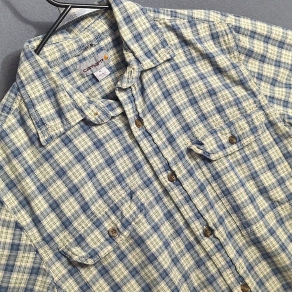 Carhartt Shirt Men's M Blue Plaid Realxed Fit Button Down Short Sleeve Stained